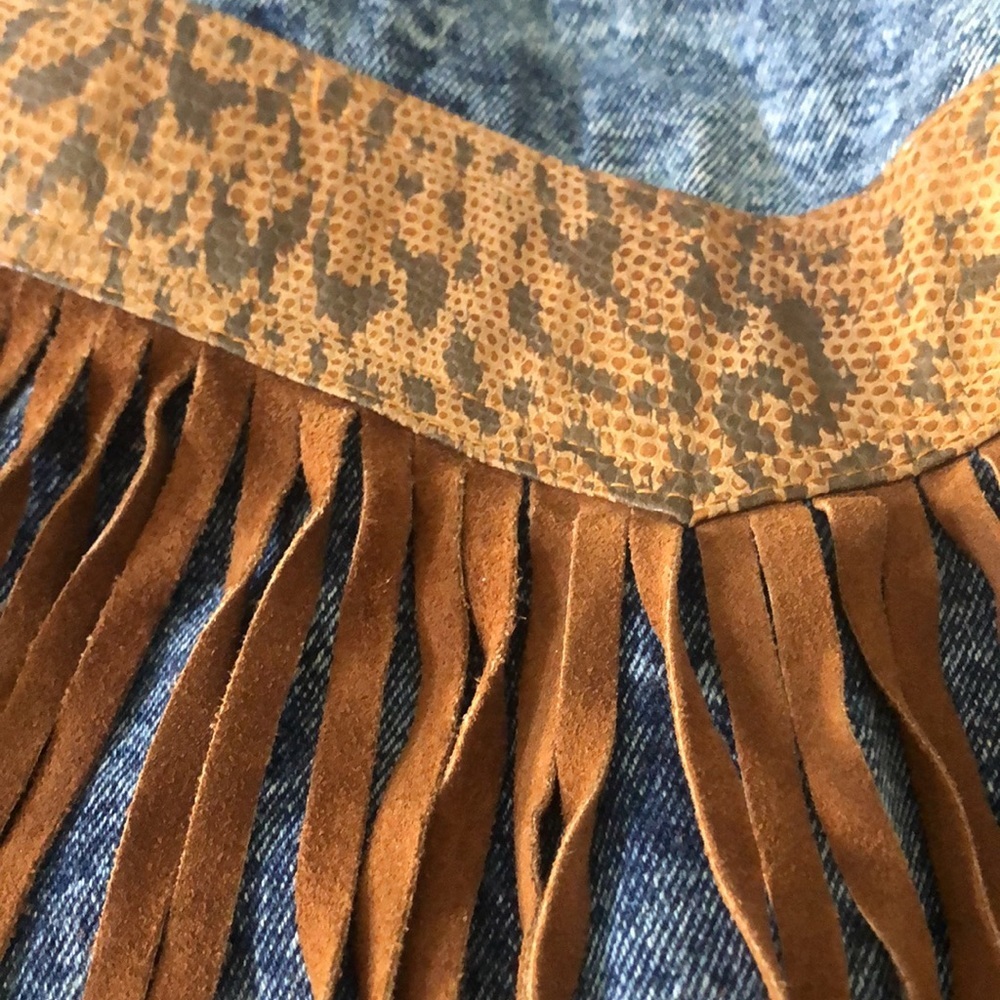 Vintage 80s/90s stone washed denim and leather snake print fringe jacket size S - Picture 10 of 17